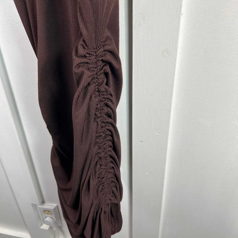 Chocolate Brown Ribbed Ruched Side Drawstring Bodycon Mini Dress Small - Picture 2 of 8